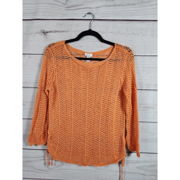 Chico's Orange Open Crochet Knit Scoop Neck Drawstring‎ Side Sweater Top 1 / M - Picture 1 of 5